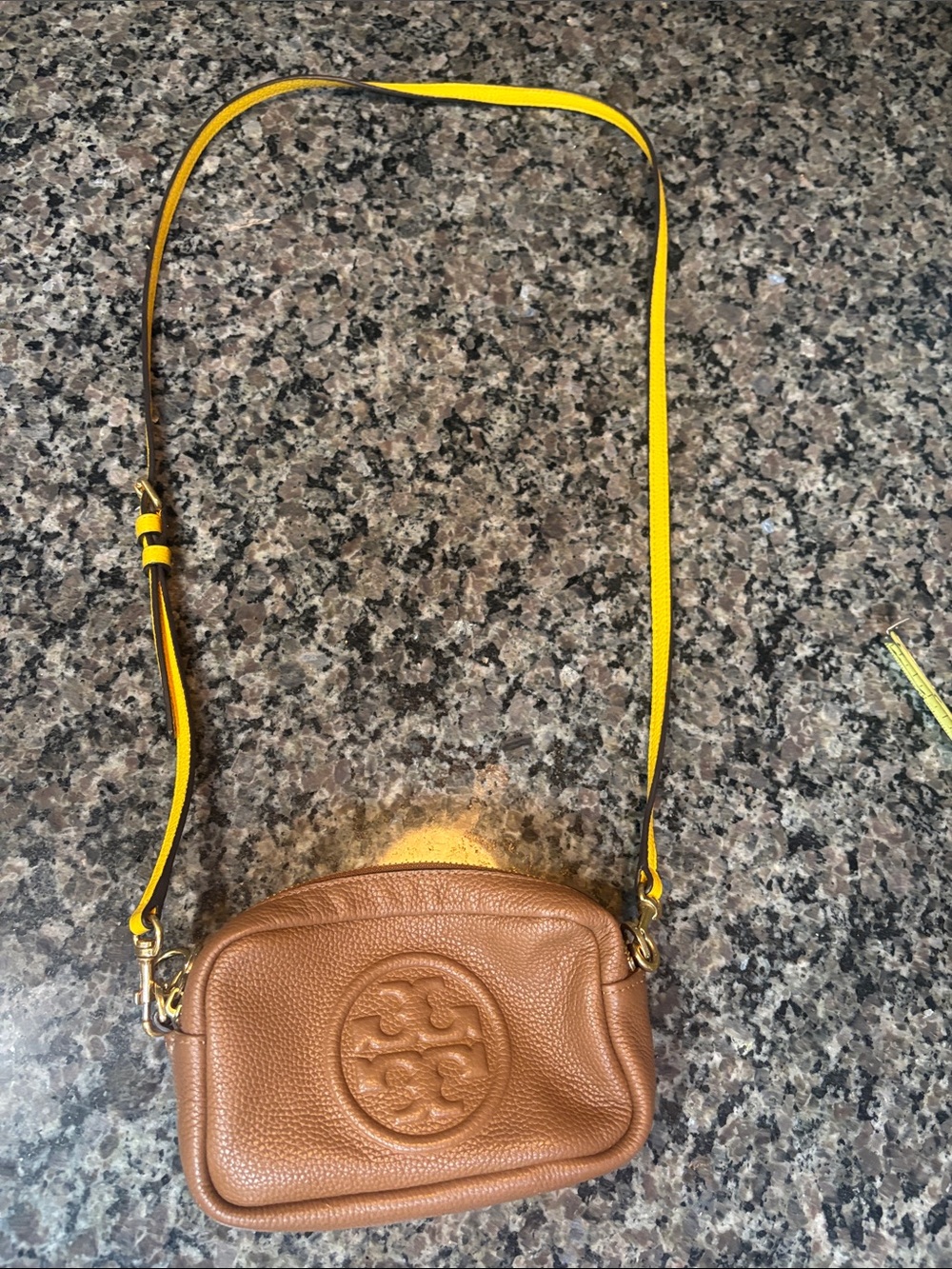Tory Burch Brown Pebbled Leather Crossbody with Yellow Strap